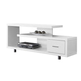 A sleek white entertainment center with a shelf above and two drawers below for organization.